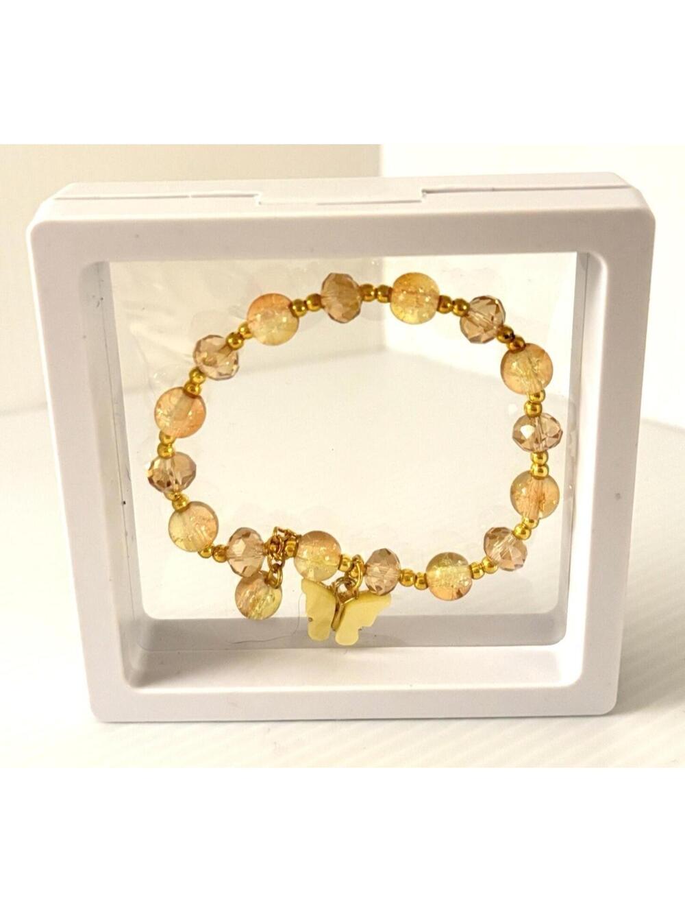 Yellow Beaded Stretch Bracelet Butterfly Charm in 3D Floating Frame Display Case